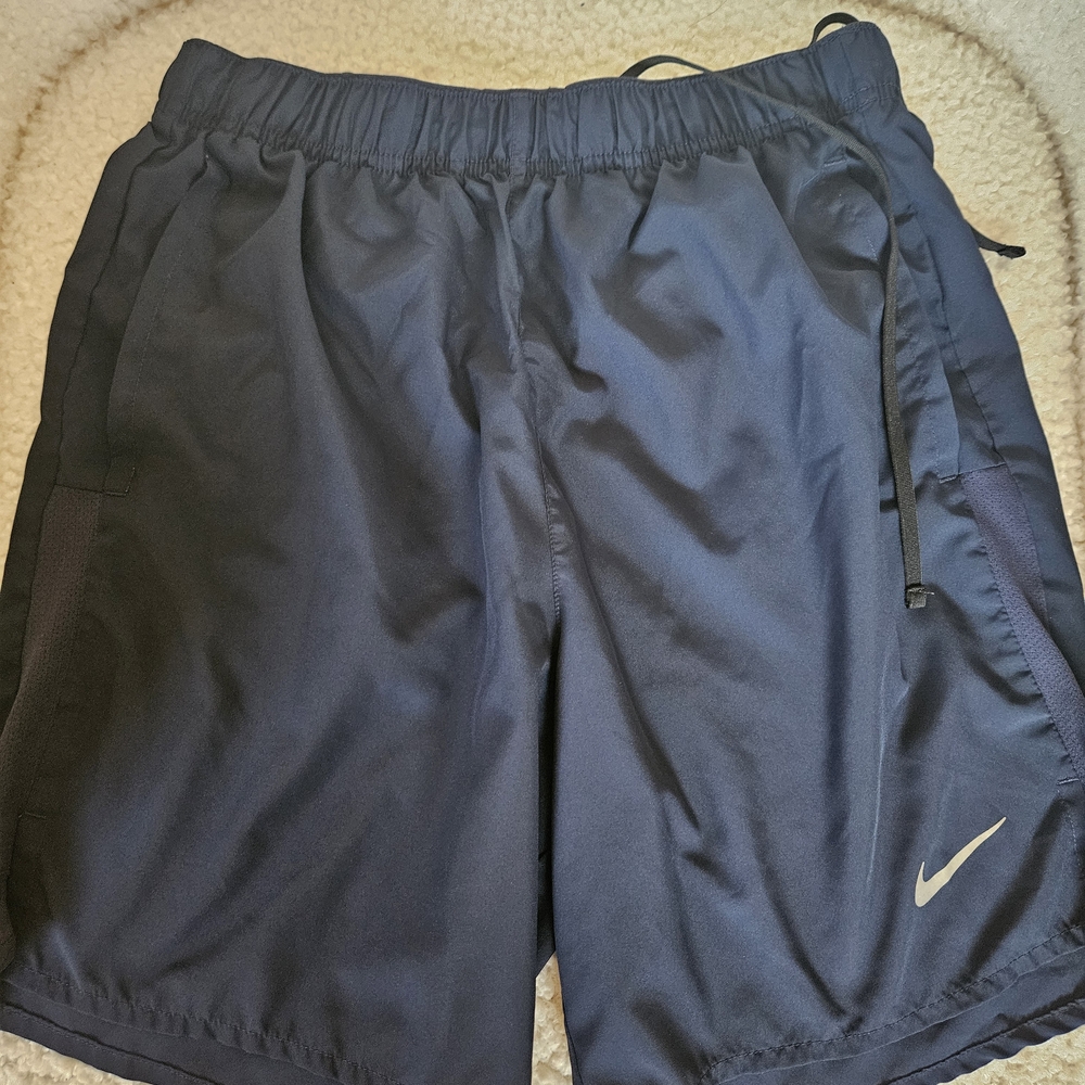 Nike Men's Dark Navy Athletic Shorts with Silver Swoosh